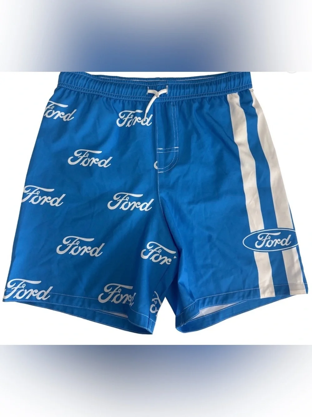 Ford Boys Blue/White Logo Swim Shorts Trunks Drawstring Elastic Waist Pockets Si